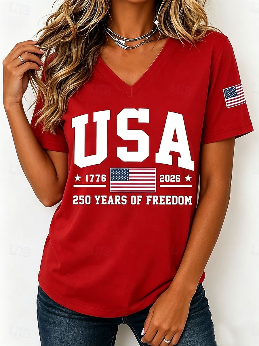 American Independence Day Women's T Shirt Print Graphic Letter American Flag Vintage Stylish Classic Short Sleeve V Neck Regular Tops Casual Daily Black Red Green Summer Spring 2026 - $21.99 –P4