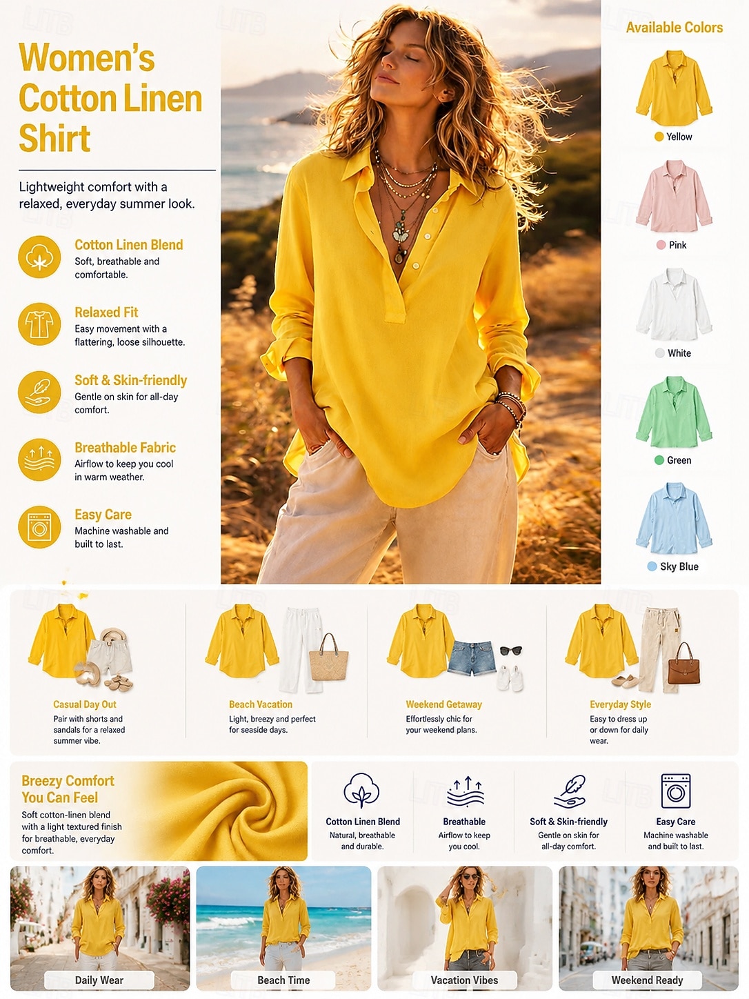 Camisas de lino para mujer, camisa de verano, ropa de playa, blusa, botones, color liso, elegante, básica, casual, manga larga, cuello, tops regulares, diario, azul, blanco, amarillo, rosa, verde, primavera, otoño 2026 - $11.49 –P1