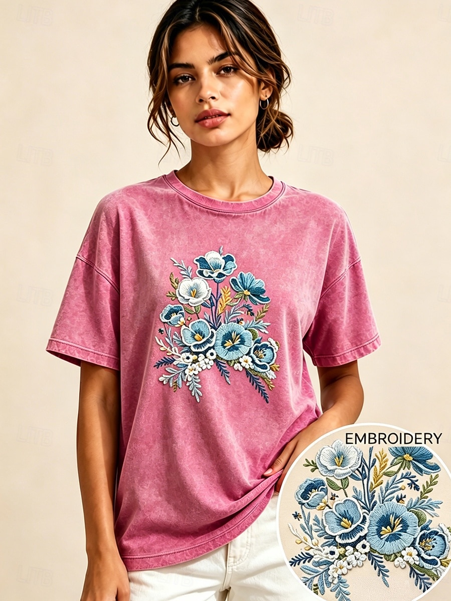 Per donna 100% cotone T-shirt ricamata Floreale Grafico Vintage Classico Casual Manica Corta Girocollo Top Regolari Casuale Quotidiano Weekend Rosa Estate Primavera del 2026 a $33.99 –P1