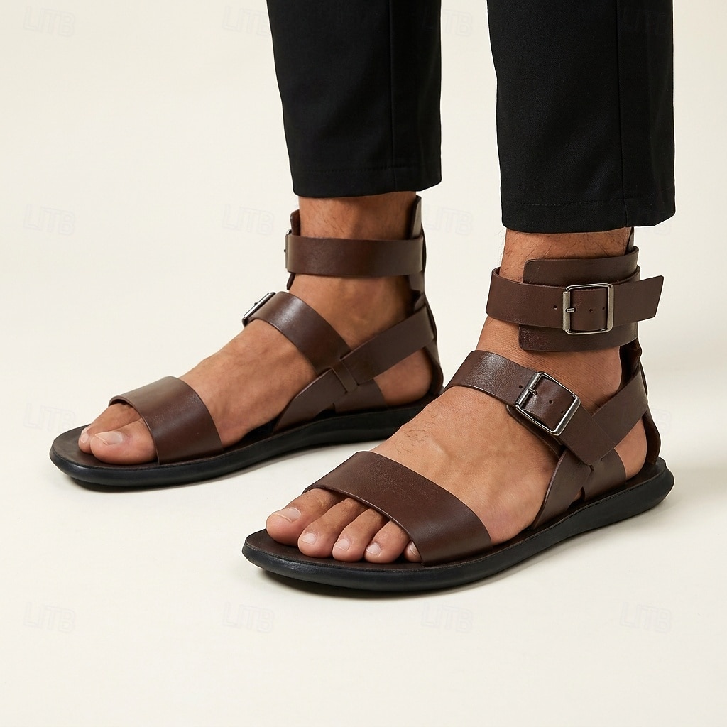 Sandale gladiator maro pentru bărbați, cu cataramă reglabilă și vârf deschis, încălțăminte de vară confortabilă, pentru călătorii în vacanță, ținute de resort, agrement pe plajă și stil casual în aer liber 2026 - $34.99 –P3