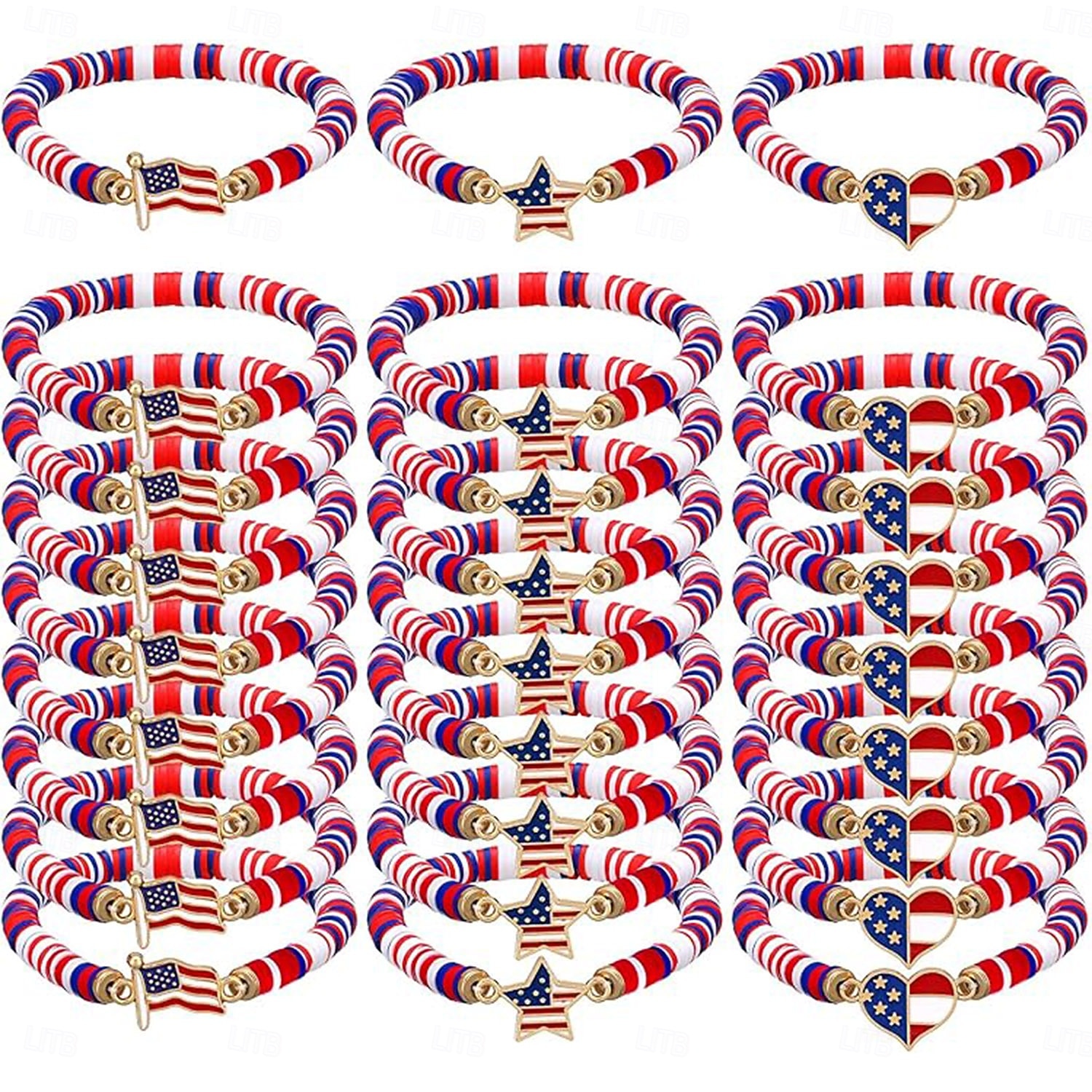 Conjunto de 15/30 pulseiras elásticas patrióticas vermelhas, brancas e azuis para mulheres, pulseiras retrô boho de argila polimérica com miçangas para a celebração do 250º aniversário, joias para o de 2026 por $22.99 –P1