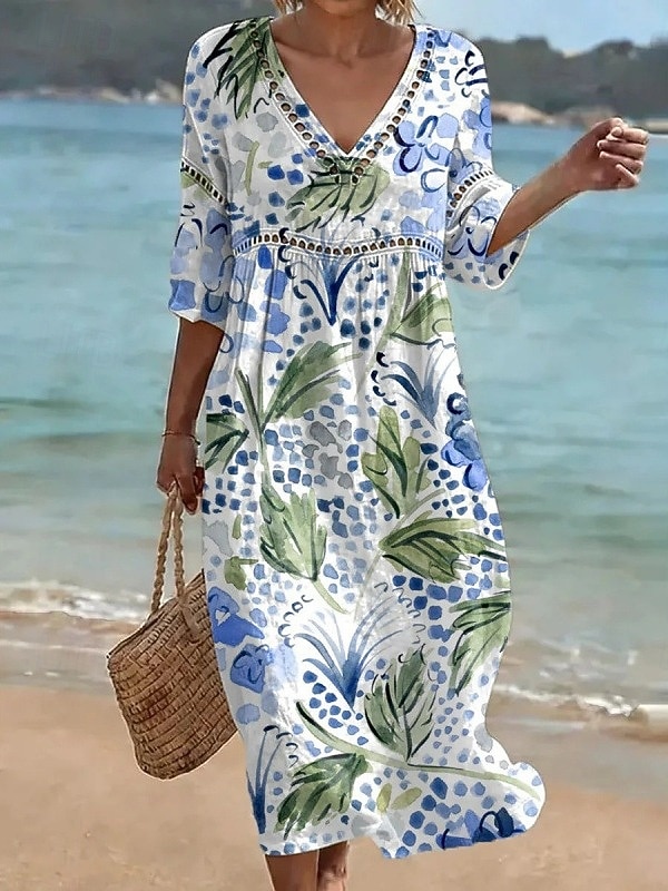 Damen Midikleid Shiftkleid Sommerkleid Urlaub Party Lässig Täglich Strand Party Lässiger Schnitt Blumen Grafik Dreiviertelarm V Ausschnitt Blau Hellgrün Rosa Rosa Sommer Frühling 2026 - $37.99 –P7