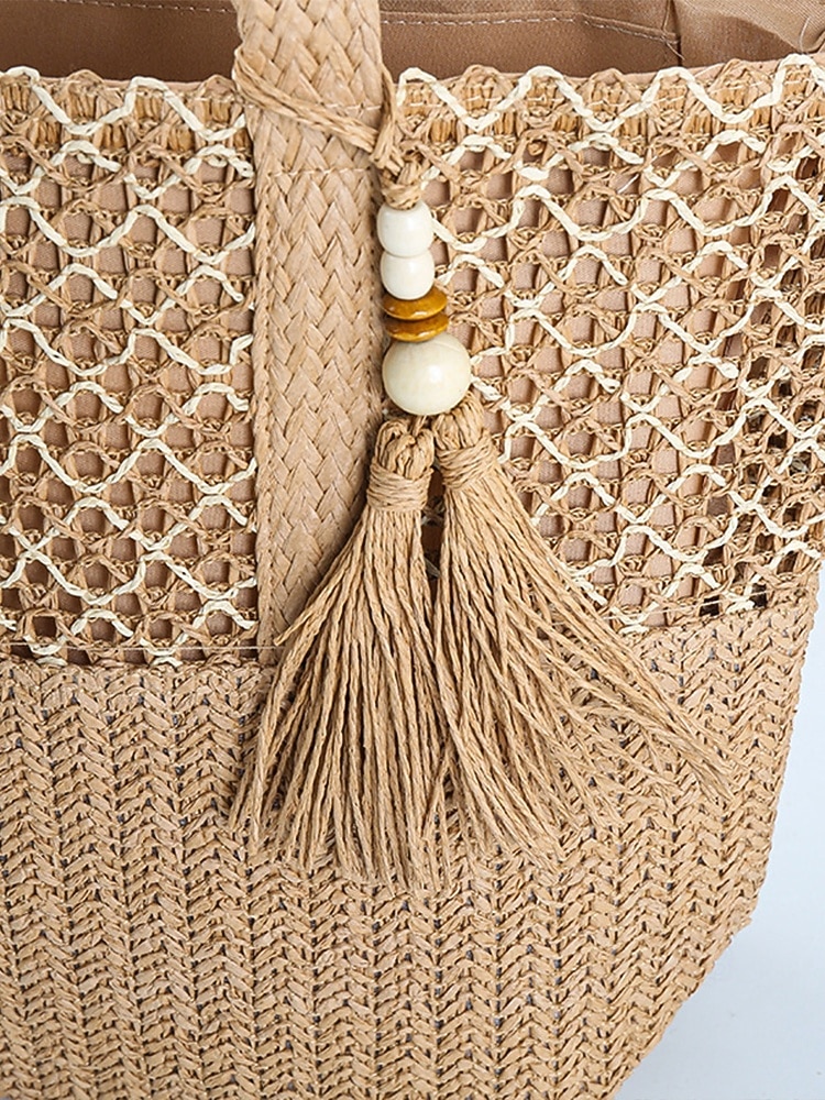 Borsa tote da donna in stile bohémien intrecciata, borsa a tracolla capiente color kaki beige da spiaggia con ciondolo a nappina, ideale per vacanze al mare, viaggi e abbigliamento casual quotidiano. del 2026 a $18.99 –P9
