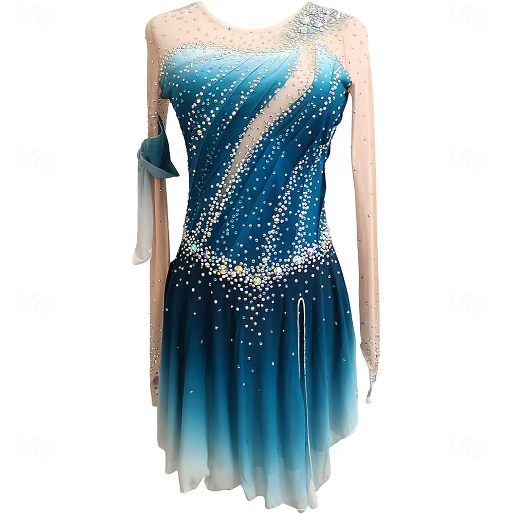 Figure Skating Fleece Jacket Figure Skating Dress Women's Ice Skating Dress Lake Blue Patchwork Thumbhole Stretchy Training Competition Skating Wear Classic Crystal / Rhinestone Long Sleeve Ice 2026 - $289.09 –P1