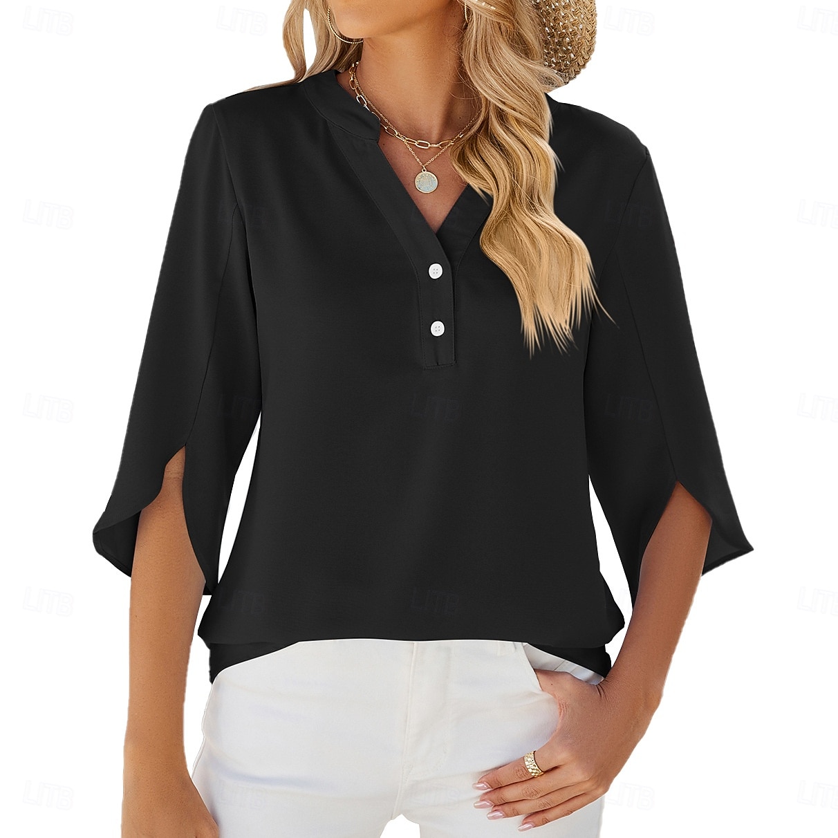 Women's Shirt Blouse Buttons Solid Color Fashion Half Sleeve V Neck Regular Tops Daily Black White Fuchsia Summer Spring 2026 - $25.99 –P4