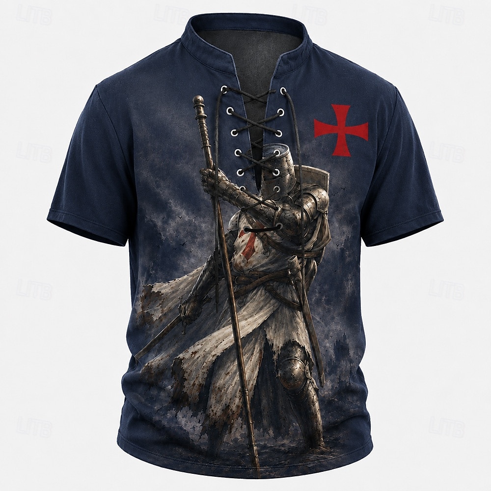 Men's Knights Templar Crusaders Cross Henley Shirt T shirt Tee Short Sleeve T shirt 3D Print Lace Up Neck Henley Shirt Religious Daily Festival Red Khaki Dark Blue Spring & Summer Clothing Apparel S 2026 - $23.99 –P1