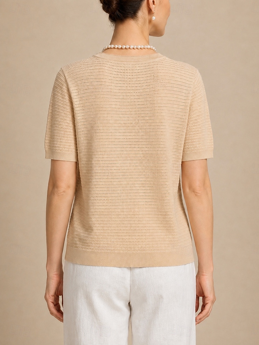 Per donna Top traforato Maglietta Tinta unica Elegante Casual Manica Corta Girocollo Top lunghi Casuale Giallo Arancione Beige Estate Primavera del 2026 a $35.99 –P3