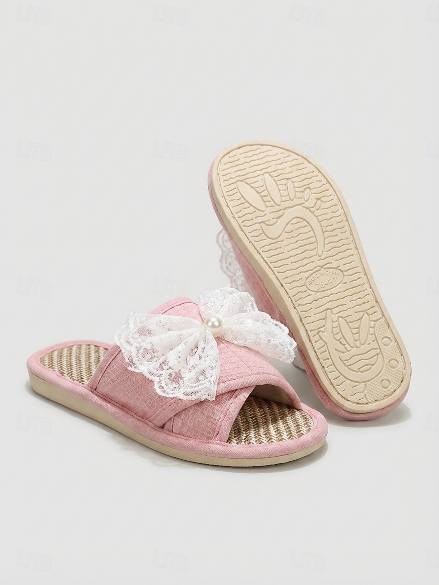 Women's Pink Linen Open-Toe House Slippers - Breathable Magic Tape Indoor Slides with White Lace Bow & Pearl Decor, Non-Slip Soft Sole Casual Slippers for Wide Swollen Feet, Bedroom, Spa & Daily Wear 2026 - $19.99 –P3