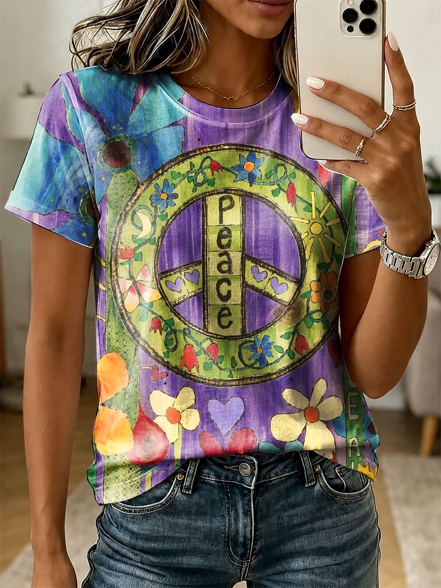 Mujer Camiseta Estampado Graphic Abstracto Vintage Elegante Clásico Manga Corta Cuello Barco Tops regulares Casual Diario Fin de semana Azul Piscina Morado Naranja Verano Primavera 2026 - $21.99 –P1
