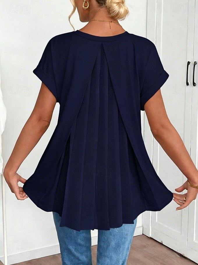 Women's Shirt Boho Shirt Pleated Elegant Vacation Daily Short Sleeve V Neck Long Tops Casual Daily Going out Black White Pink Sky Blue Green Summer Spring 2026 - $26.99 –P7