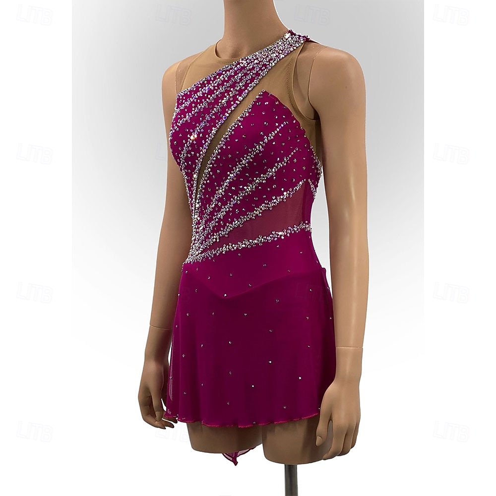 Figure Skating Dress Women's Ice Skating Dress Rose Red Patchwork Asymmetric Hem High Elasticity Training Competition Skating Wear Classic Crystal / Rhinestone Sleeveless Ice Skating Figure Skating 2026 - $361.89 –P2