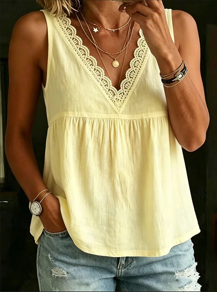 Femmes Chemisier Débardeur Dentelle Couleur Unie ancien Élégant Classique Sans manches Col en V Hauts Réguliers Occasionnel Quotidien Bleu Blanche Jaune Vert Beige Été Printemps de 2026 ? $21.99 –P4