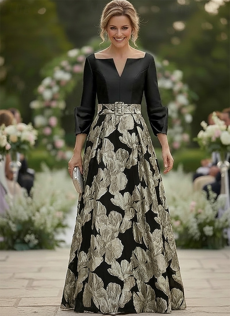 A-Line Floor Length Formal Dresses Evening Gown Mother of the Bride Dress 3/4 Length Sleeve V Neck Square Neck Elegant Simple Formal Wedding Guest Semi Formal Metallic Fabric Jacquard with Pleats 2026 - $171.99 –P4