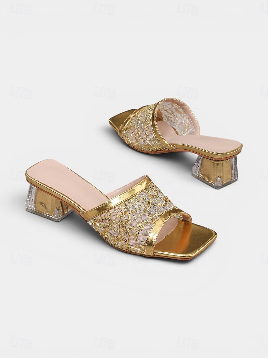 Elegante goldene Damen-Mules mit Blockabsatz aus Mesh: Raffinierte Hochzeitsschuhe für die Mutter der Braut 2026 - $34.99 –P4