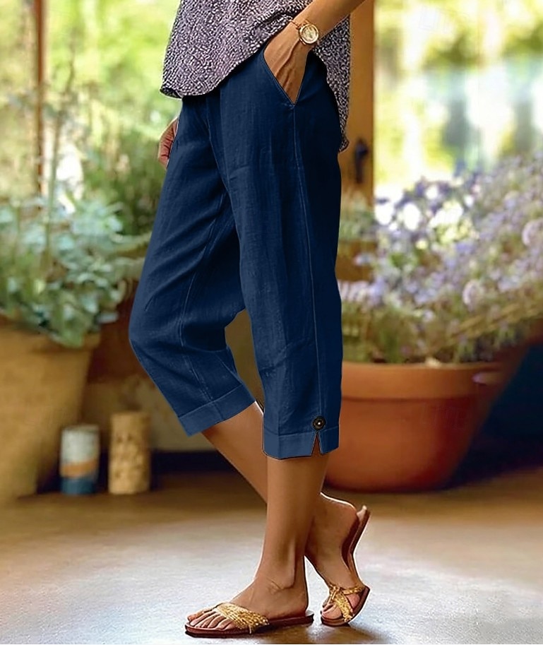 Mujer Pantalones Capri Vacaciones Básico Medio corto Alta cintura Plano Comodidad Cómodo Rígido Vacaciones Formal Ropa Cotidiana Azul marino Negro Blanco Azul Verano Primavera Holgado 2026 - $22.99 –P4