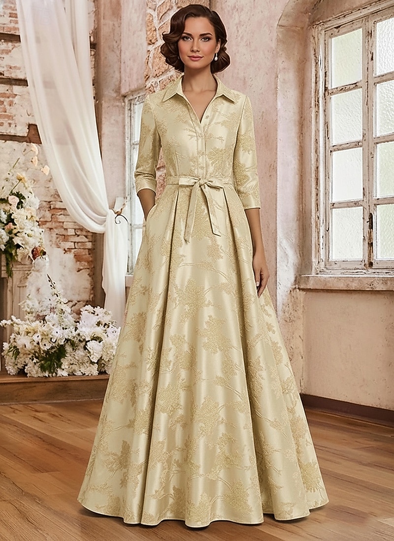 Ligne A Longueur au sol Robe de Cérémonie Robe de soirée Robe de Mère de Mariée  Manche 3/4 Col de chemise Élégant ancien Formel robe demoiselle d honneur Soirée Formelle Satin Jacquard avec Noeud(s de 2026 ? $194.99 –P5