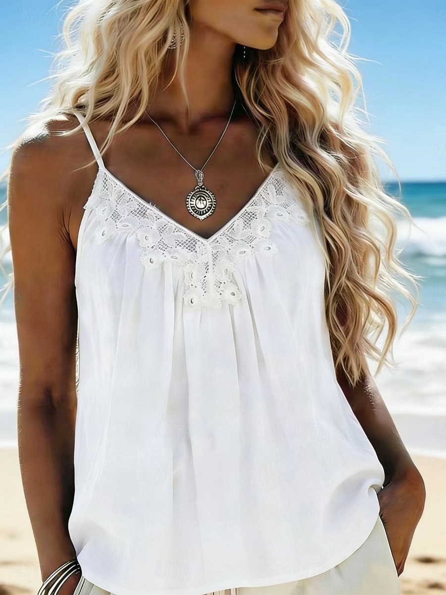 Damen Hemd Sommerhemd Bluse Camisole-Tanktop Spitze Einfarbig Stilvoll Klassisch Modern Ärmellos V Ausschnitt Normale Oberteile Täglich Ferien Ausgehen Weiß Rosa Himmelblau Aprikose Sommer Frühling 2026 - $19.99 –P6