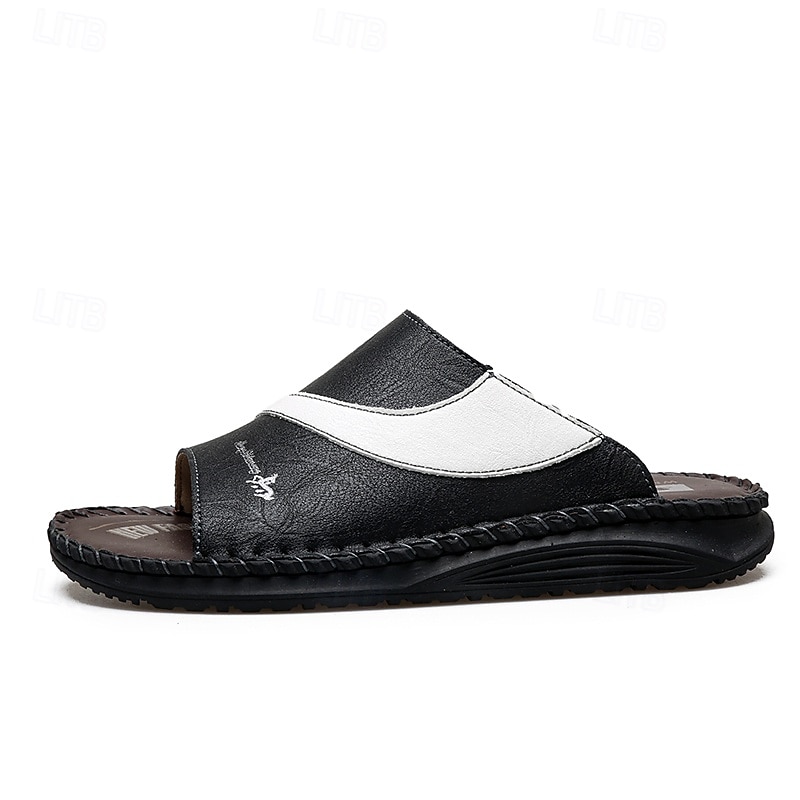 Sandálias masculinas bicolor pretas e brancas, modelo slide, com bico aberto, costuradas à mão, confortáveis e casuais para o verão, ideais para uso diário, férias, em casa e momentos de lazer ao ar livre. de 2026 por $34.99 –P3