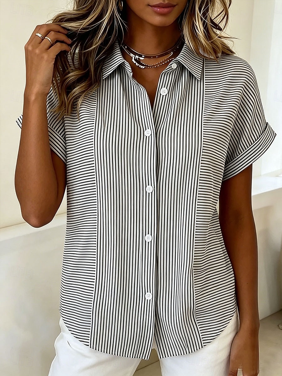 Dames Overhemd Knop Afdrukken Grafisch Gestreept Vintage Dagelijks Stijlvol Korte mouw Overhemdkraag Normale tops Casual Dagelijks blauw Zwart Rood Groen Zomer Lente 2026 - $29.99 –P2