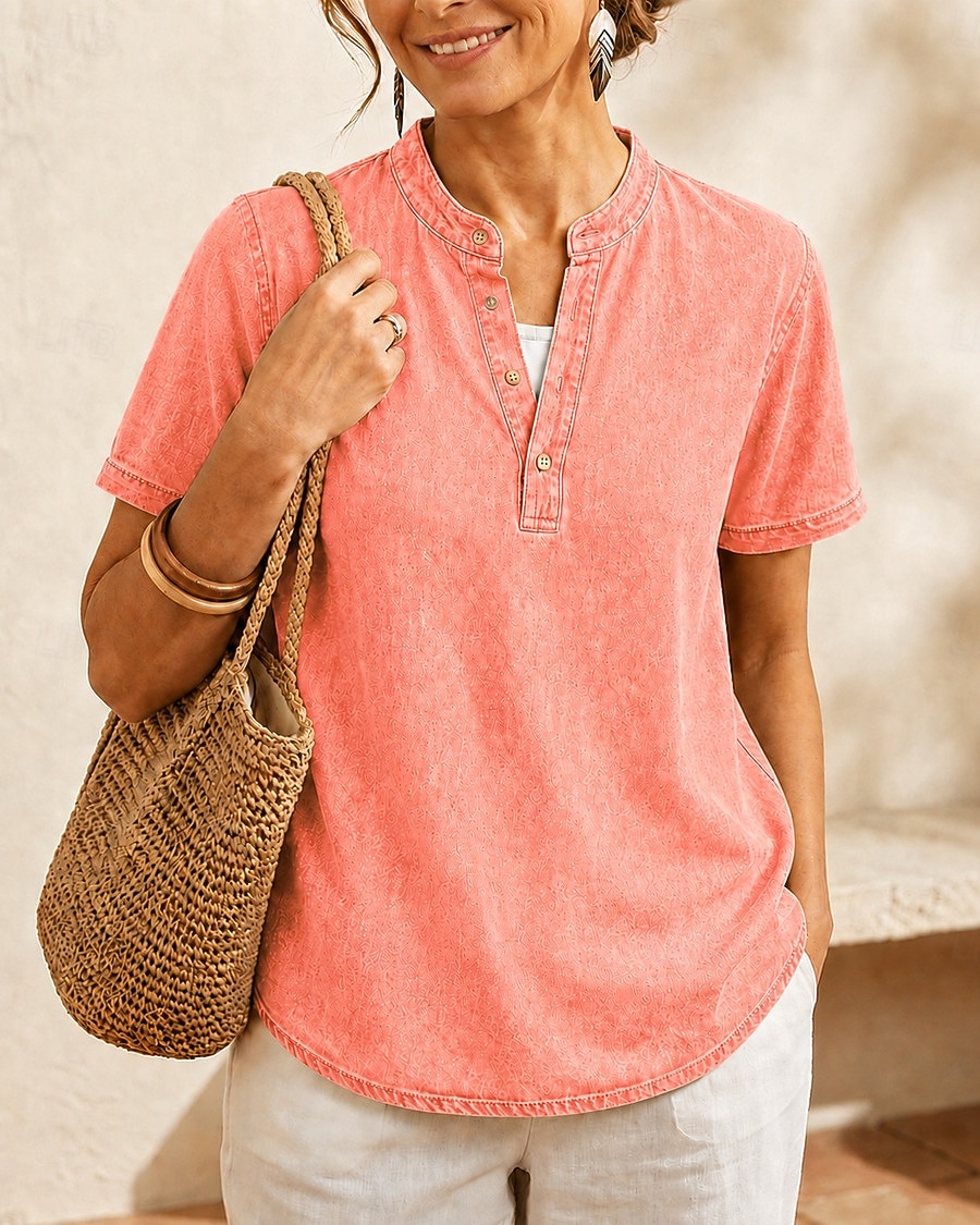 SoftFade™ Women's 100% Cotton Henley Shirt Solid Color Vintage Fashion Stylish Short Sleeve V Neck Regular Tops Casual Beach Blue Khaki Black Purple Orange Summer Spring 2026 - $28.99 –P12