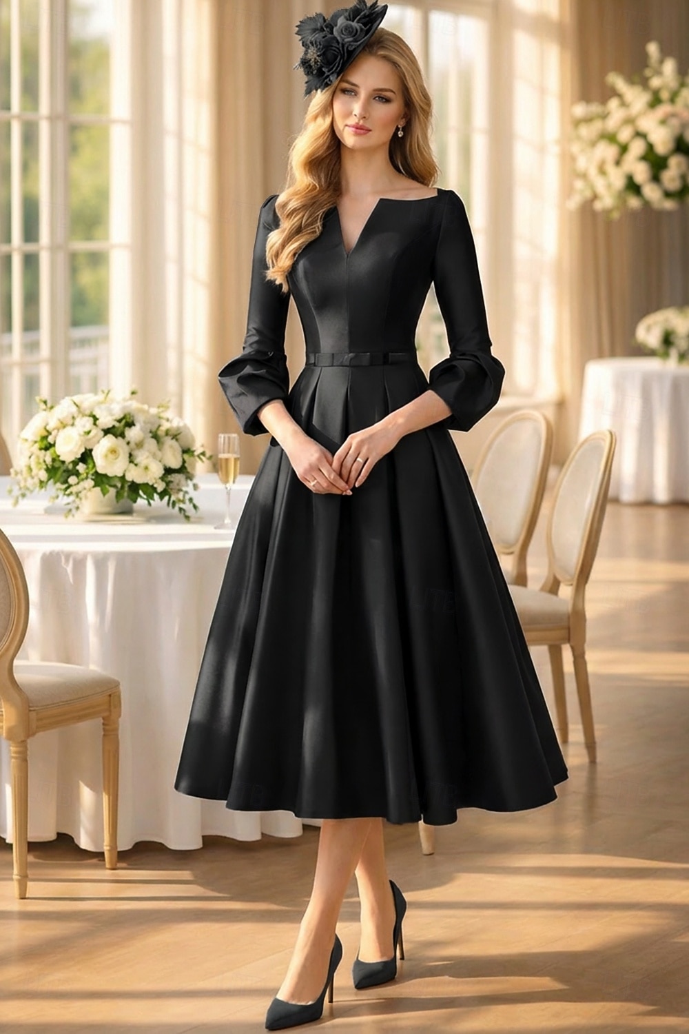 2026年 Ａライン セミロング丈 カクテルドレス パーティードレス エレガント 母 七分袖 Ｖネック フォーマル 結婚式のゲスト サテン ととも​​に プリーツ  コレクション – $126.99 –P14