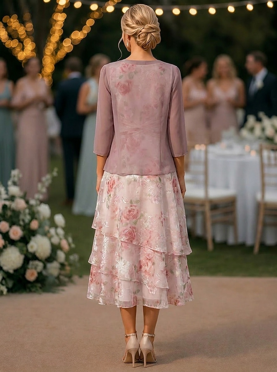 Tweedelig A-lijn Tot de enkel Bruiloft gast jurk Ruimvallend Moeder van de bruid jurk 3/4 mouw Ronde hals Elegant Eenvoudig Casual Formeel Bruiloft gast Feestdagen Chiffon Wrap inbegrepen met 2026 - $159.99 –P2