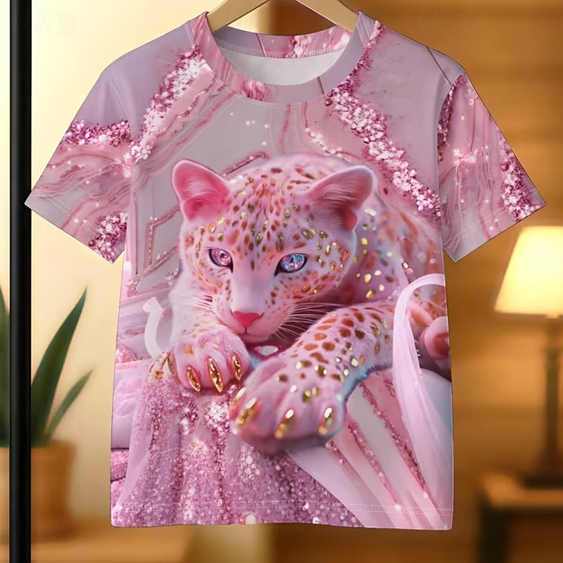2026年 女の子 3D グラフィック レオパード Tシャツ Ｔシャツ 半袖 3Dプリント 夏 春 スポーツ ファッション ストリートファッション 子供 5〜12年 クルーネック カジュアル 日常 アウトドア レギュラー  コレクション – $13.49 –P6