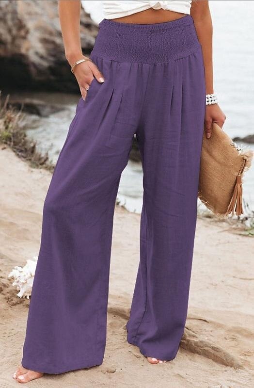 Damen Weites Bein Urlaub Stilvoll Volle Länge Hohe Taille Plissiert Komfort Dehnbar Täglich Strand Violett Marineblau Khaki Schwarz Sommer Frühling Lässiger Schnitt 2026 - $24.99 –P10