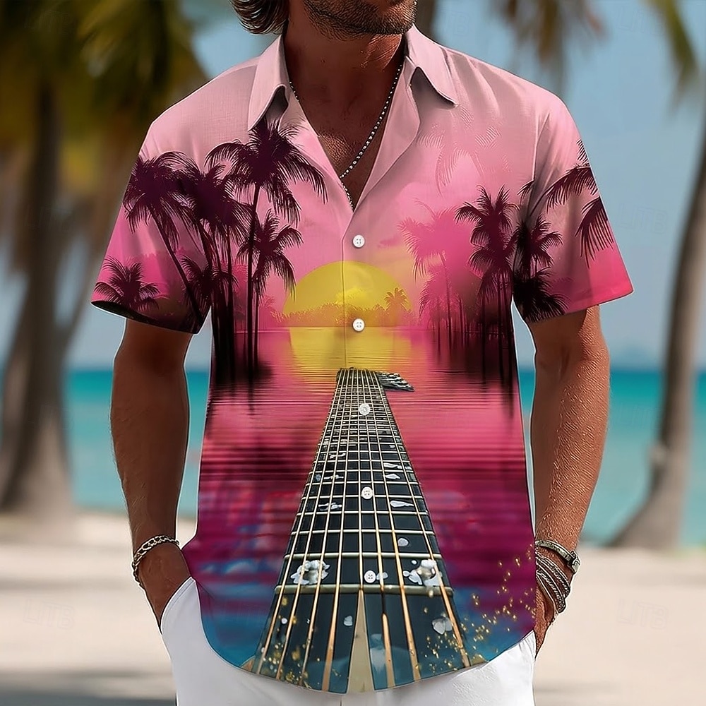 Men's Guitar Musical Instrument Coconut Palm Shirt Summer Shirt Tropical Shirts Short Sleeve Hawaiian Vintage Retro Music Festival Beach Vacation Wear Summer Spring Turndown 3D Print Button Up Shirts 2026 - $25.99 –P2