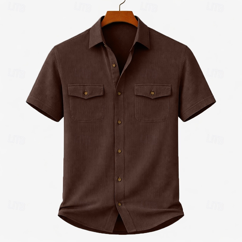 Men's Shirt Casual Shirt Corduroy Shirt Button Up Shirt Black White Yellow Navy Blue Brown Short Sleeve Plain Shirt Collar Casual Daily Front Pocket Clothing Apparel Elegant Fashion Casual 2026 - $24.99 –P5
