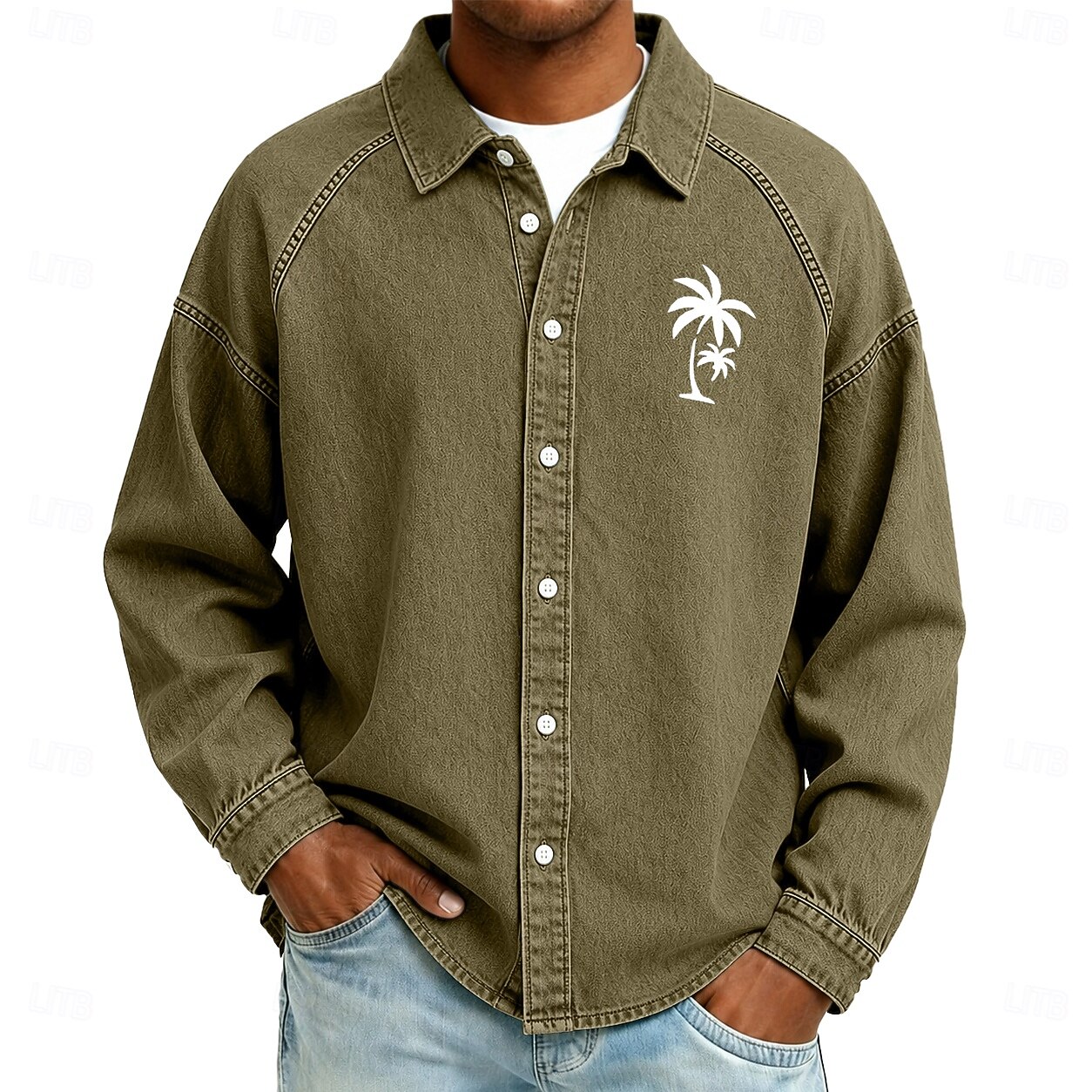 Camisa masculina Softfade™, camisa casual, lavagem ácida, tingida em preto, bordô, verde, azul claro, manga comprida, lisa, gola, casual, para uso diário, bolso frontal, vestuário, elegante, moda de 2026 por $31.99 –P7