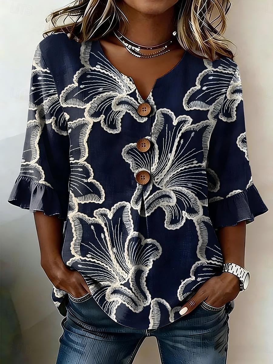 Per donna Camicia Camicia Boho Camicia casual Grafico A righe Elegante Bohemien Attivo Manica 3/4 Scollo a V Top lunghi Casuale Bianco e blu nero+bianco+verde Blu scuro Azzurro Estate Primavera del 2026 a $26.99 –P3