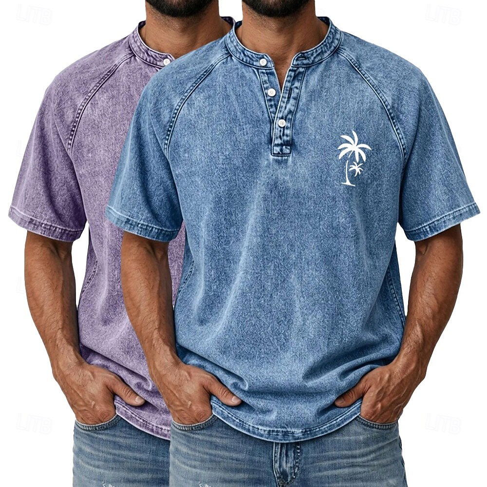 SoftFade™ Men's 2-PCS Coconut Tree T Shirt Demin Shirt 100% Cotton Acid Wash Shirt Short Sleeve Vintage Streetwear Casual Home Street Summer Spring Black Light Green Light Blue Stand 2026 - $62.99 –P9