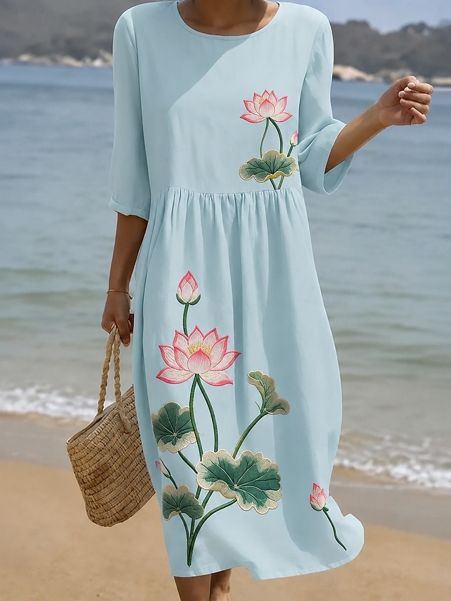 Women's Maxi Dress Shift Dress Sundress Vacation Casual Beach Going out Loose Fit Floral Graphic 3/4 Length Sleeve Crewneck Blue White Summer Spring Fall 2026 - $36.99 –P1