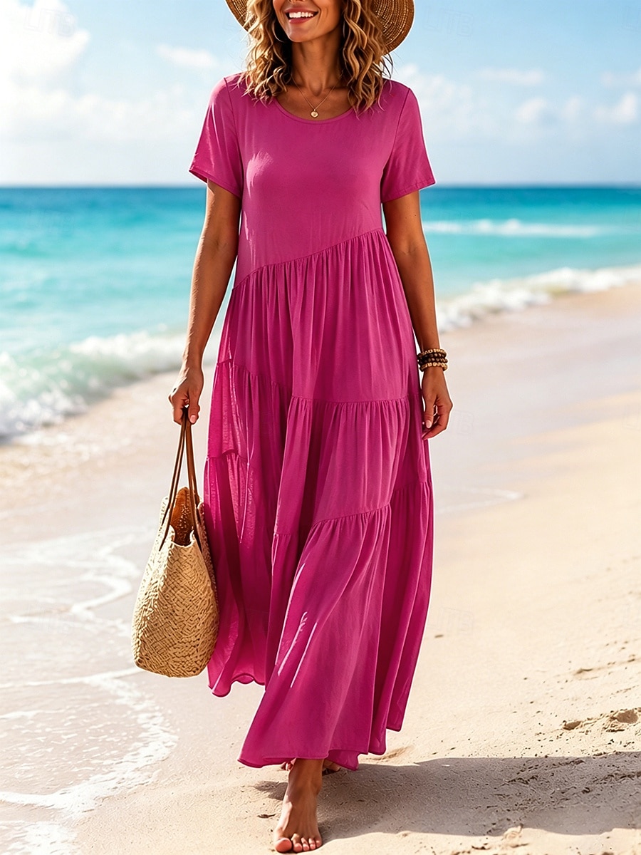 Women's Vintage Crew Neck Ruffle Pleated Asymmetric Maxi Dress Khaki Black White Pink Summer 2026 - $24.99 –P5