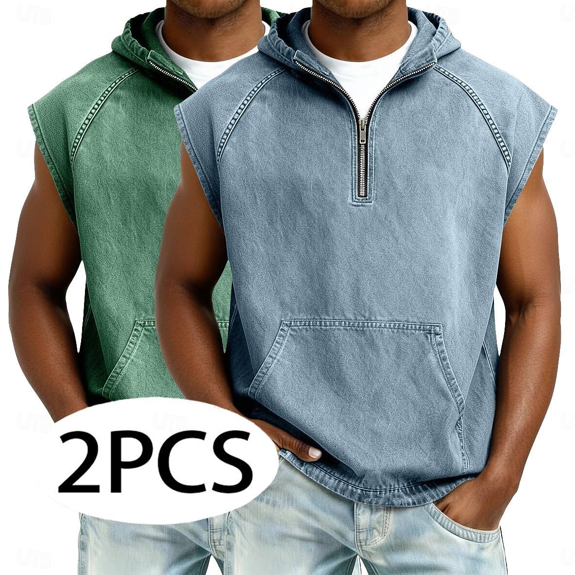 softfade™ canotta da uomo 2 pezzi top gilet top in denim camicia lavaggio acido senza maniche cappuccio zip estate primavera semplice capo basic tinto cappuccio casual vacanza strada nero kaki top del 2026 a $62.99 –P1
