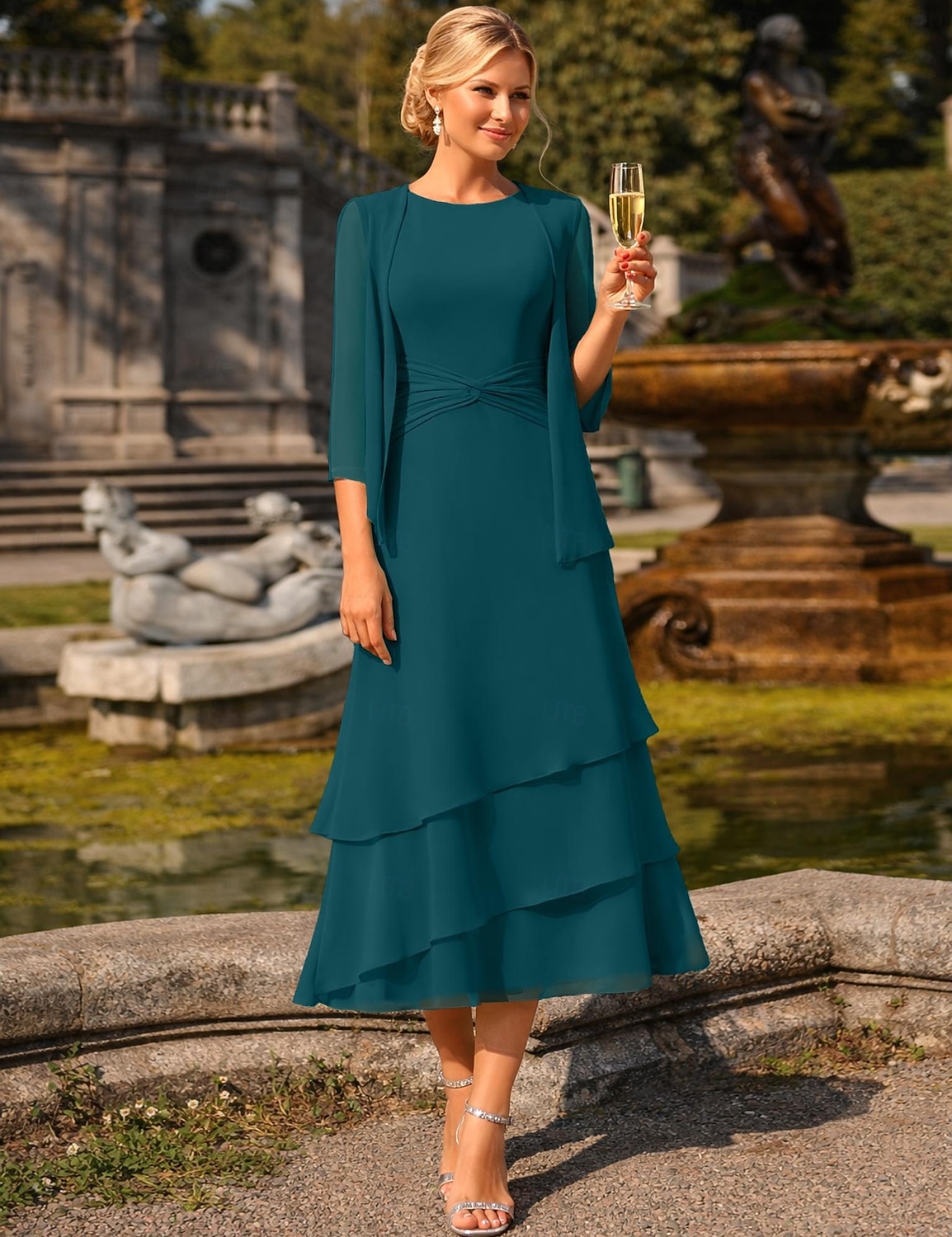 Sheath Column Tea Length Wedding Guest Dress Mother of the Bride Dress 3/4 Length Sleeve Jewel Neck Elegant Wedding Guest Chiffon Wrap Included with Ruching 2026 - $160.99 –P17