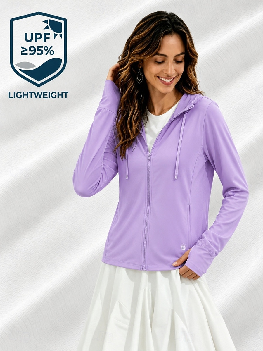 Women's Casual Jacket Sun Protection Quick Dry Adjustable Casual Solid Color Casual Regular Hooded Regular Fit Long Sleeve Outerwear White Sky Blue Purple Summer Spring 2026 - $21.99 –P4