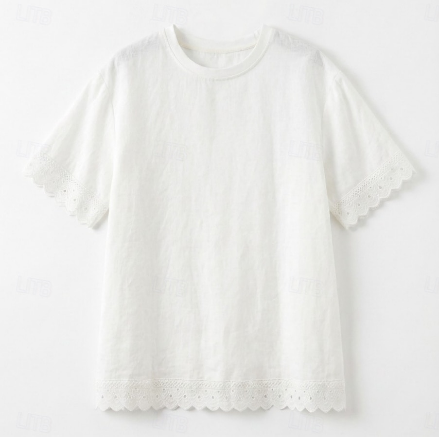 Women's Tee Top Lace Trims Solid Color Elegant Stylish Ethnic Short Sleeve Crew Neck Regular Tops Casual Daily Going out White Summer Spring 2026 - $26.99 –P6