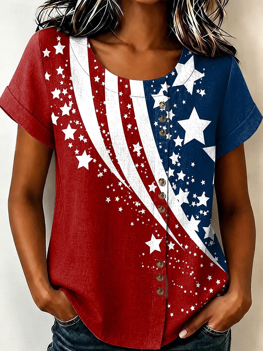 American Independence Day Women's Blouse Buttons Print Floral Graphic Vintage Tropical Stylish Short Sleeve Crew Neck Long Tops Casual Holiday Blue + Red Black Red Summer Spring 2026 - $25.99 –P3