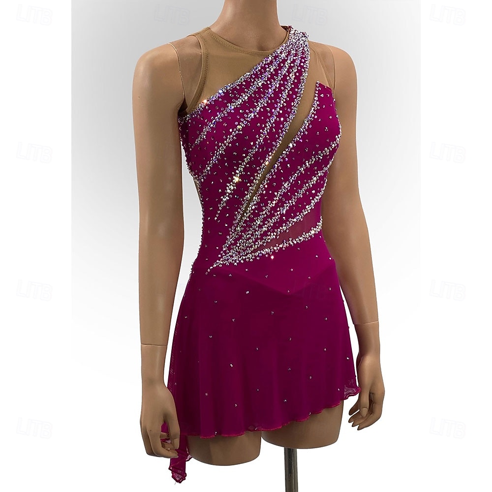 Figure Skating Dress Women's Ice Skating Dress Rose Red Patchwork Asymmetric Hem High Elasticity Training Competition Skating Wear Classic Crystal / Rhinestone Sleeveless Ice Skating Figure Skating 2026 - $361.89 –P1
