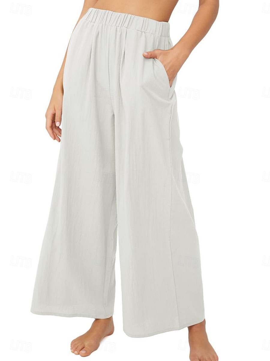 Mujer Algodón Perneras anchas Moda Ropa de calle Casual Longitud total Alta cintura Plano Bolsillo Cintura elástica Confortable Comodidad Suave Elástico Exterior Vacaciones Calle Azul Piscina 2026 - $22.99 –P3