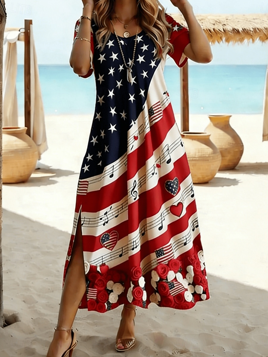 Giorno dell'Indipendenza Americana Per donna Abito Midi Abito a trapezio Casual Spiaggia Vestibilità regolare Grafico Bandiera Manica Corta Girocollo Blu Rosso Estate Primavera del 2026 a $27.99 –P2