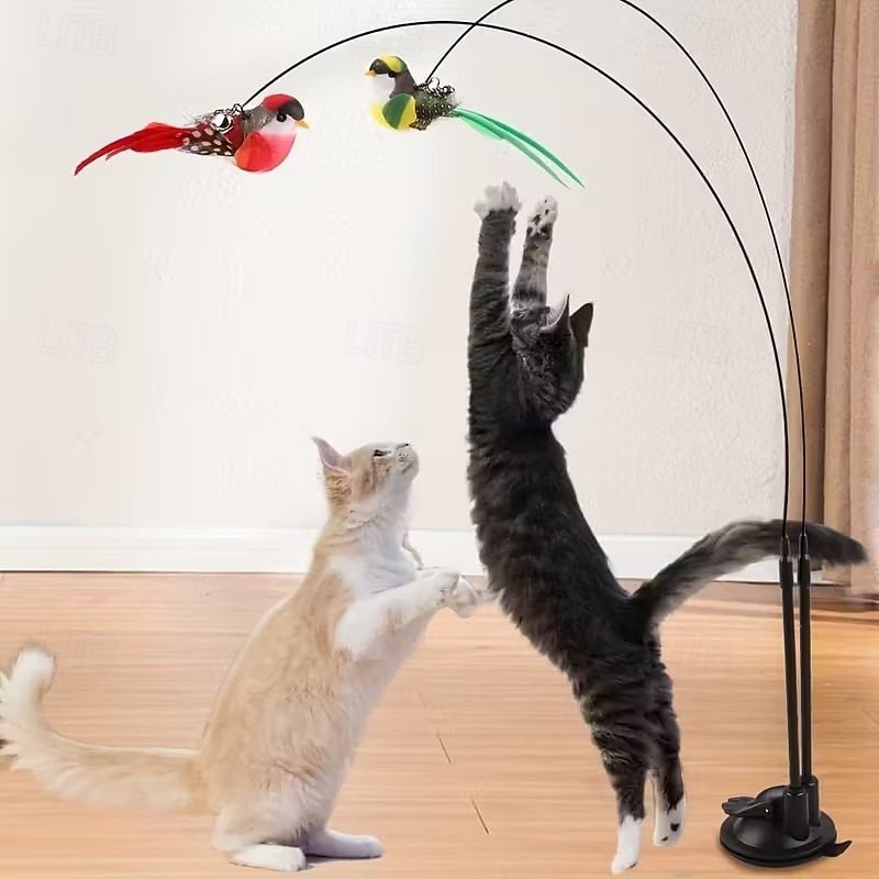 Interactive Cat Teaser Wand Set with Realistic Birds, Handfree Long Pole&Double Rod, Bell And Strong Suction Cup for Active Play 2026 - $19.99 –P2