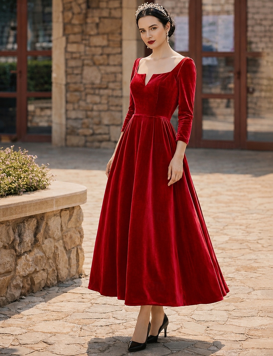 Ligne A Longueur cheville Robe de Soirée Robe de Cocktail Robe d'invité de mariage Robe de Mère de Mariée  manche longue Col en V Élégant robe demoiselle d honneur Fête de mariage Velours avec Plis de 2026 ? $160.99 –P8