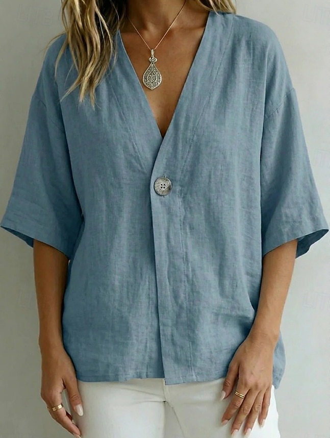 Women's Shirt Blouse Plain Bohemia Half Sleeve V Neck Regular Tops Blue White Pink Brown Green Summer Spring 2026 - $27.99 –P5