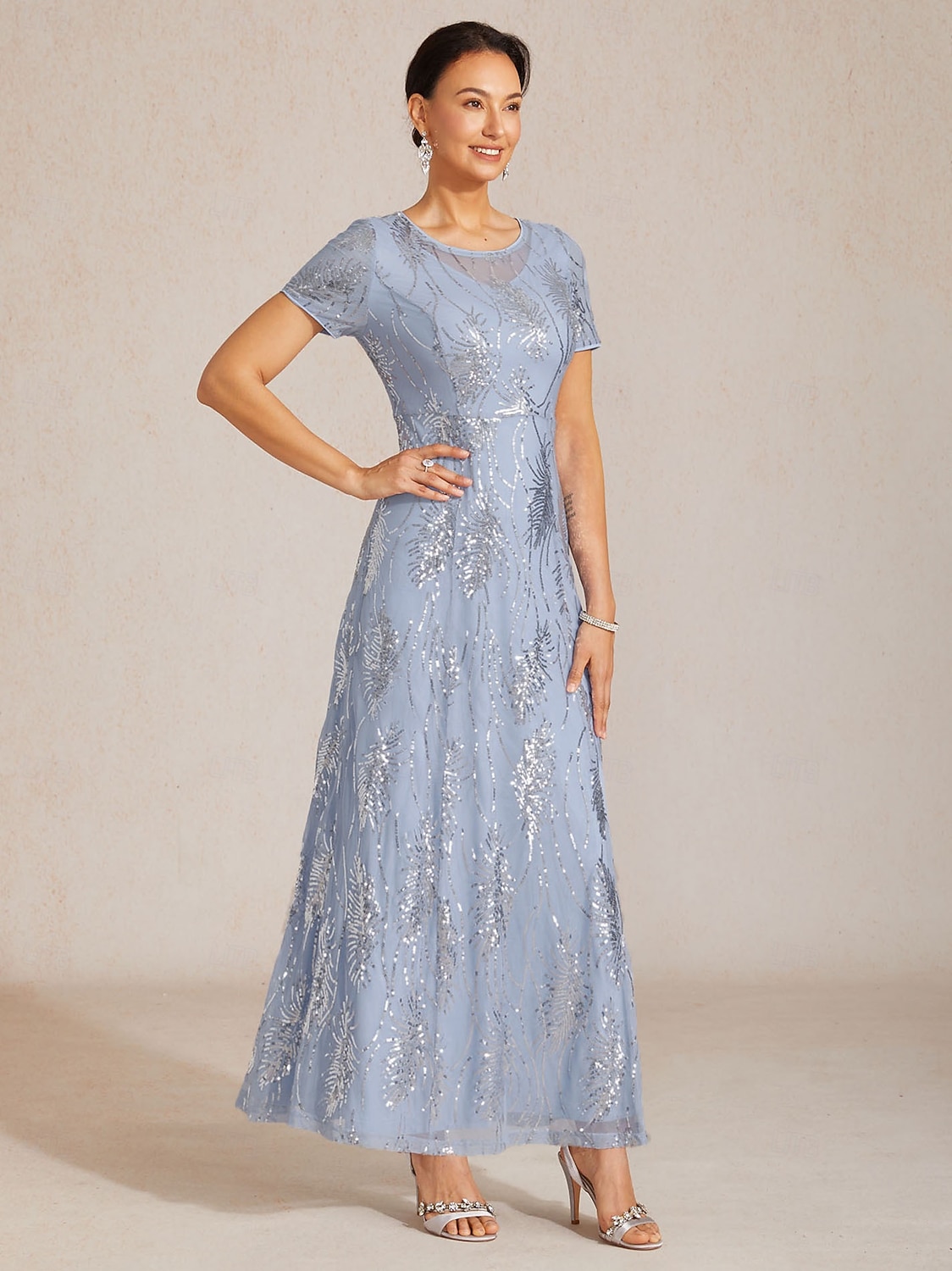 Women's Maxi Dress Sheath Dress Elegant Evening Party Party Cocktail Party Sequins Solid Color Floral Short Sleeve Crew Neck Sky gray 2026 - $169.99 –P1
