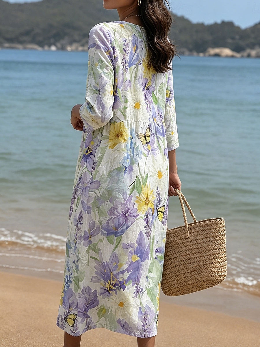 Women's Midi Dress Sundress Summer Dress Vacation Casual Boho Beach Holiday Regular Fit Floral Graphic 3/4 Length Sleeve Crew Neck Blue Pink Purple Summer Spring 2026 - $34.99 –P2