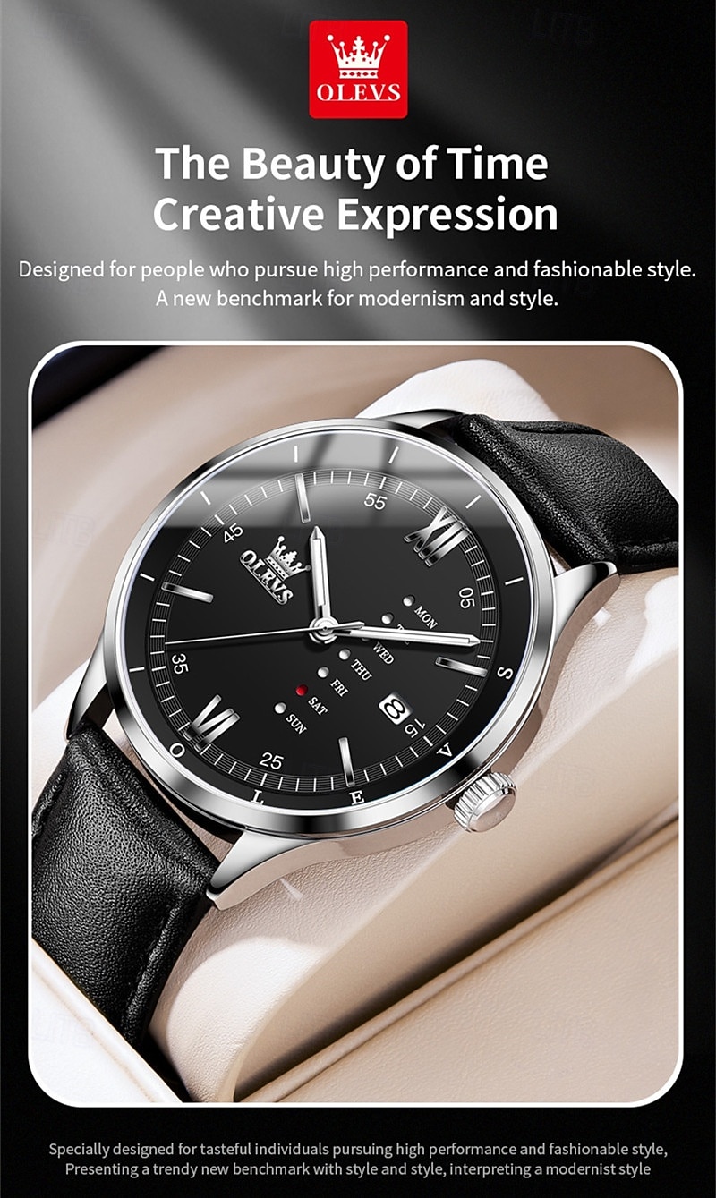 OLEVS Men's Luxury Watch Business Fashion Quartz Wristwatch Waterproof Leather Strap Blue Sunray Dial with Unique Day Date Display Luminous Hands Roman Numerals Dress Watch for Male Gift 2026 - $31.99 –P5