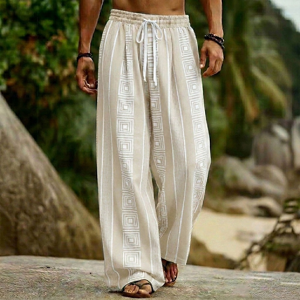 Men's Geometric Striped Bohemian Trousers Pants Trousers Baggy Pants Mid Waist Ethnic Outdoor Vacation Dailywear Drawstring Elastic Waist Wide Leg Summer Spring 3D Print Blue White Brown 2026 - $27.99 –P3